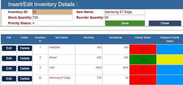 Insert or edit inventory details